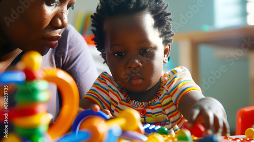A cute little African child plays with colorful didactic educational toys His proud mother supports him Kindergarten teacher with child : Generative AI