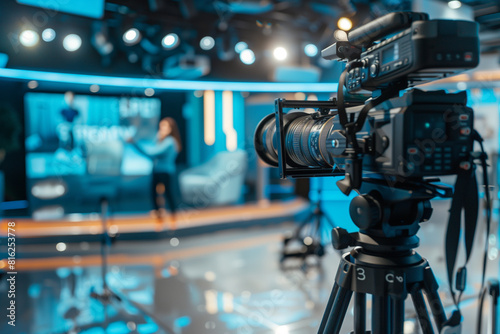 Professional TV Camera Standing in Live News Studio TV news reporter in live broadcasting ,TV interview, press and media camera ,video photographer on duty in public new mock-up Te