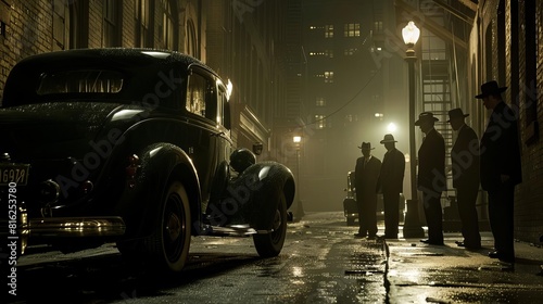 A classic black 1930s sedan parked in a shadowy alley, a group of mafia members in suits standing beside it, plotting under the streetlights, Close up