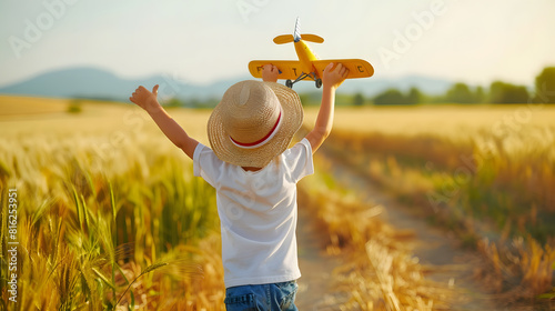 View from back of running boy in straw panama hat on country road of summer sunny wheat field with toy airplane in hand over his head Happy childhood with games in outdoor leisure acti : Generative AI photo