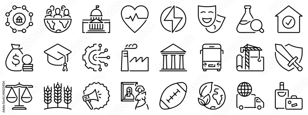 Icon set about sector of society. Line icons on transparent background with editable stroke. Icon set about sector of society. Line icons on transparent background with editable stroke.