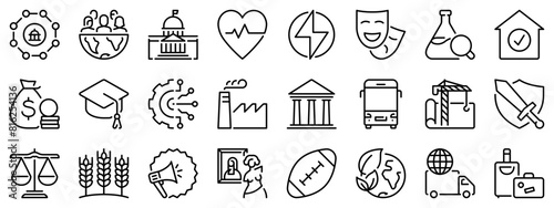 Icon set about sector of society. Line icons on transparent background with editable stroke.