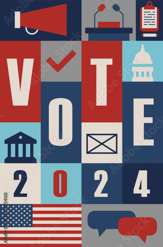 Vote. Every voice matters. Vector banner template for US presidential election. Election day. Usa debate of president voting 2024. Election voting poster. Vote 2024 in USA, banner design