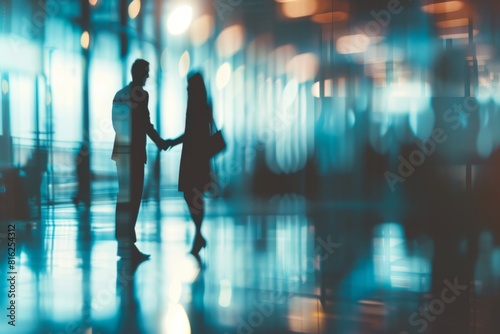 Business people shaking hands in a blurry office setting Blurred silhouettes of a business woman and man standing in a modern interior Generative AI