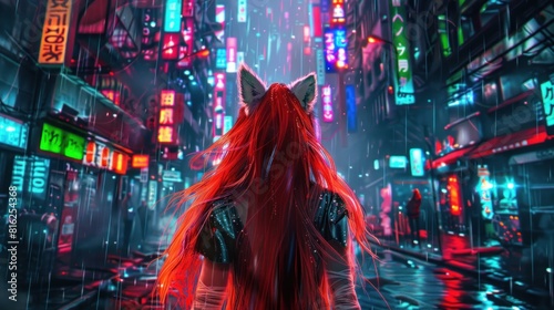 Woman asian red haired with wolf ears in the middle of a neon cyber city wallpaper AI generated image photo