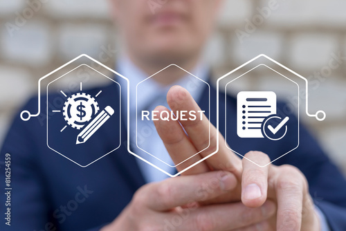 Obraz na płótnie Manager working on virtual touch screen presses word: REQUEST. Concept of business finance service request. Online submission request. Approving requests. w salonie