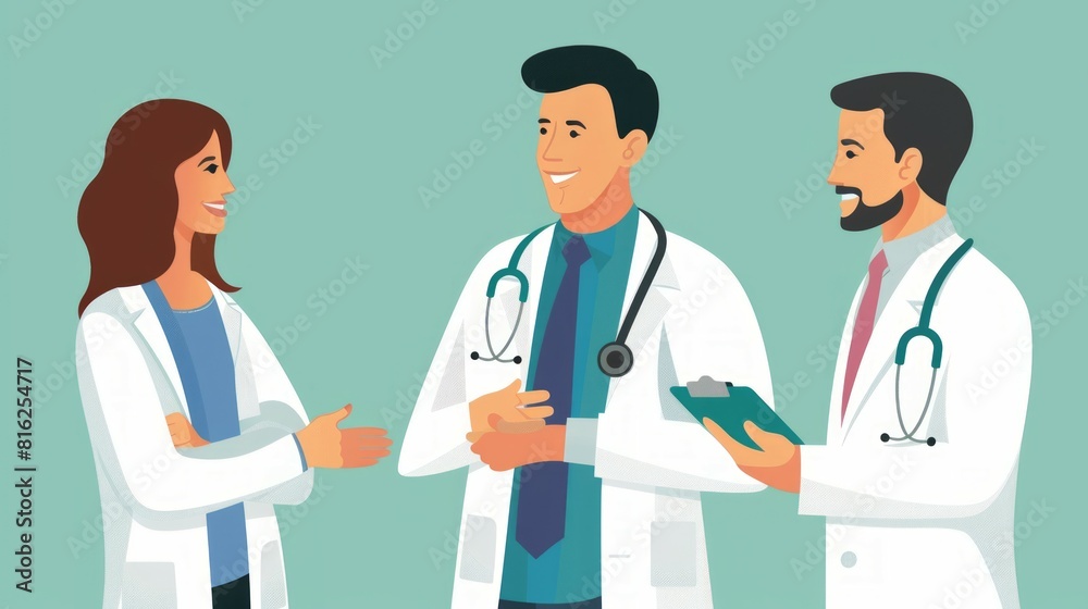 Three doctors talking. Communication flat vector illustration Three doctors talking. Communication flat vector illustration