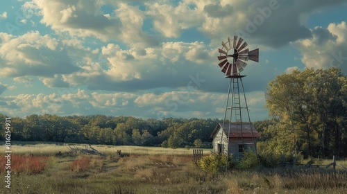 An ancient windmill tower in the American countryside realistic photo