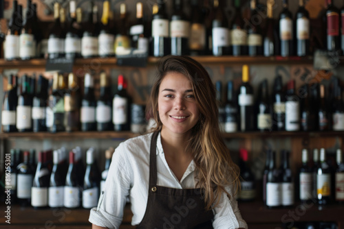 Attractive female wine sommelier in stylish apron sits in front of shelves filled with bottles
