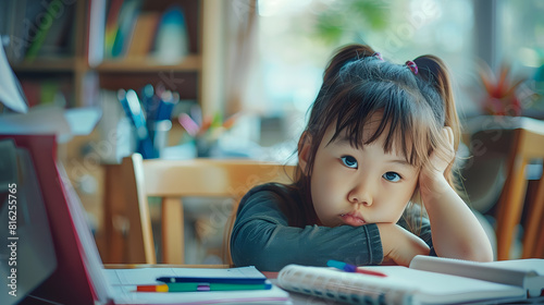 Close up frustrated unhappy little schoolgirl looking at camera sitting at work desk at home unmotivated girl distracted from school homework assignments tasks children education probl : Generative AI photo