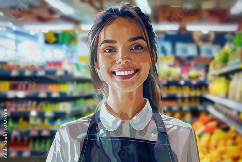 friendly young supermarket worker in uniform smiling at the camera ready to assist customers with enthusiasm digital painting photo