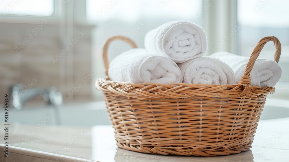 In a bathroom setting, a wicker basket holds neatly folded white towels on a table, offering a sense of cleanliness and comfort
