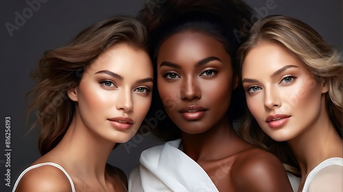  A diverse group of beautiful women with natural beauty and glowing smooth skin. Portrait of many attractive female fashion models with great skincare of all races, tones and style, Generative AI 