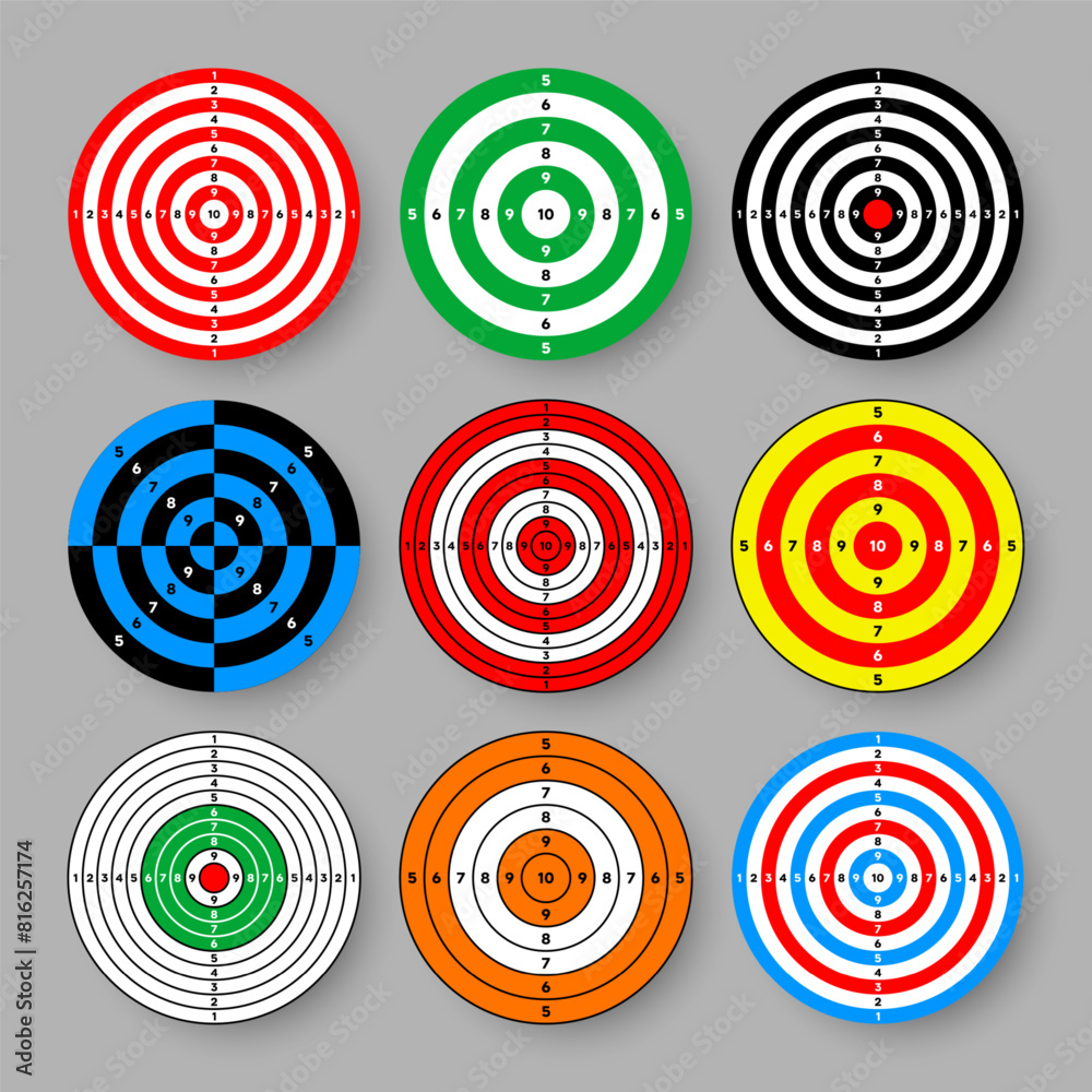 Shooting range paper targets. Round target with divisions, marks and numbers. Archery, gun shooting practise and training, sport competition and hunting. Bullseye and aim. Vector illustration Shooting range paper targets. Round target with divisions, marks and numbers. Archery, gun shooting practise and training, sport competition and hunting. Bullseye and aim. Vector illustration