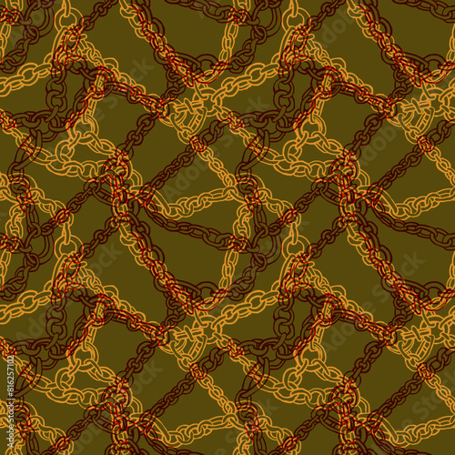 A seamless pattern with illustration of chains contour, intertwined. Design for fabric, covers, surfaces, textile. Golden and rusty chains plexus. Design for man sportswear, uniform, swimwear. (ID: 816257102)