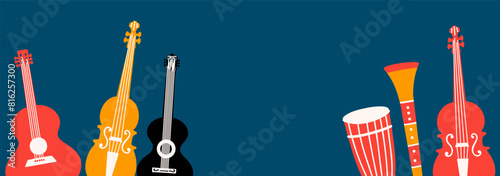 Background with musical instruments with place for text. Banner design for festivals, holidays, concerts