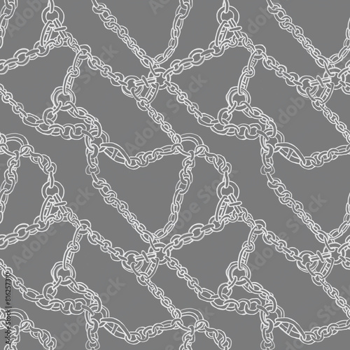 A seamless pattern with illustration of intertwined chains. Design for fabric, covers, surfaces, textile. Chains plexus on gray background. Tile for sportswear, swimwear,  (ID: 816257310)