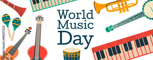 World Music Day graphic banner. Artistic background. Vector illustration. Musical festival.