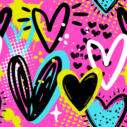Abstract seamless pattern with hearts, urban elements, drops, brush, lines stars, sprays. Wallpaper for girls. Grunge background with neon colors hearts and spay paint