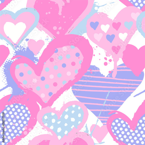 Abstract seamless pattern with hearts, urban elements, drops, brush, lines stars, sprays. Wallpaper for girls. Grunge background with pastel colors hearts and spay paint