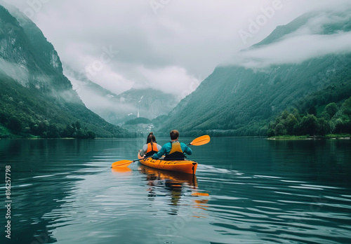 Couple kayaking on a tranquil lake