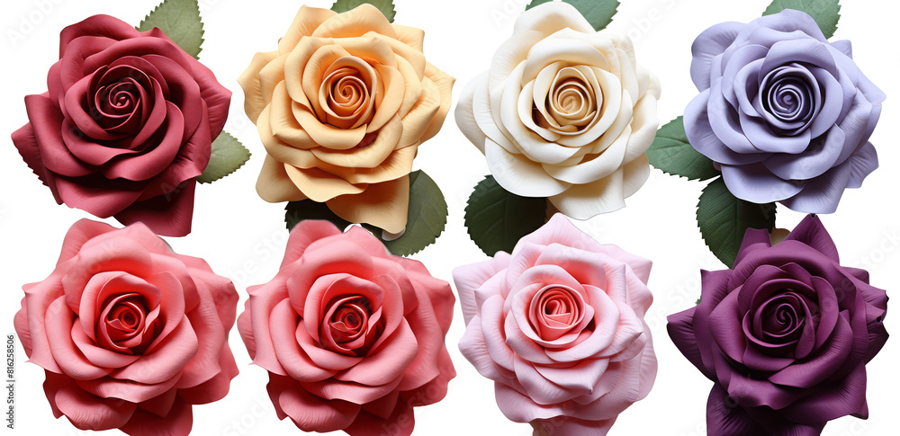 Collection set of red pink cream lavender violet stalk of rose roses flower floral top view on transparent background cutout, PNG file. Mockup template artwork graphic design Collection set of red pink cream lavender violet stalk of rose roses flower floral top view on transparent background cutout, PNG file. Mockup template artwork graphic design