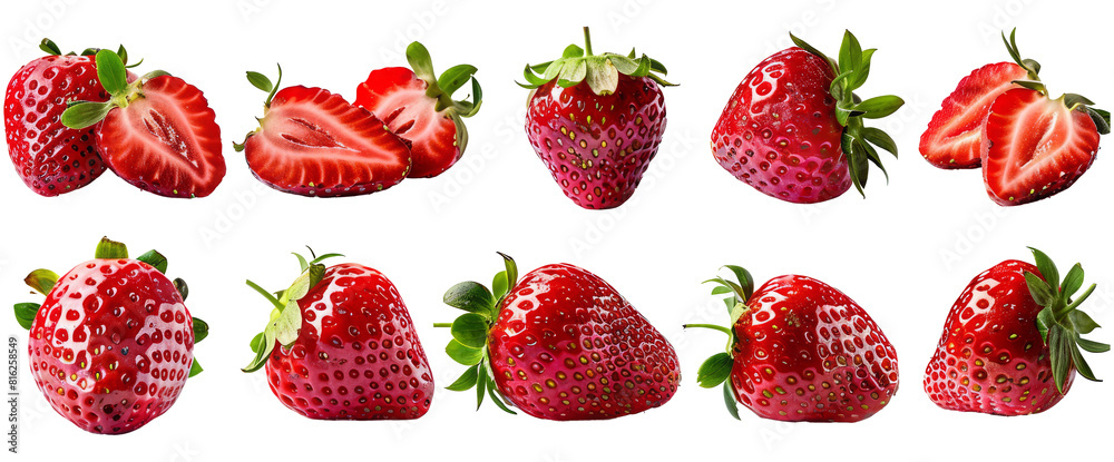 Strawberry Strawberries, many angles and view side top front sliced halved group cut isolated on transparent background cutout, PNG file. Mockup template for artwork graphic design Strawberry Strawberries, many angles and view side top front sliced halved group cut isolated on transparent background cutout, PNG file. Mockup template for artwork graphic design