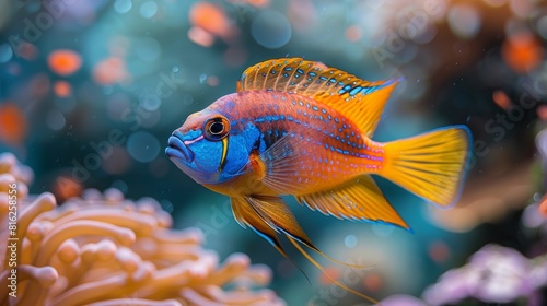 In an aquarium with blue water and corals, there is a royal gramma fish photo