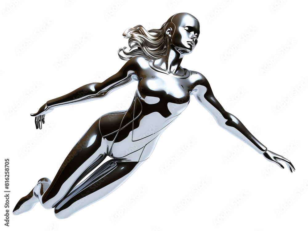 Y2K futuristic chrome woman flying isolated. Melty gloss silver metal mannequin