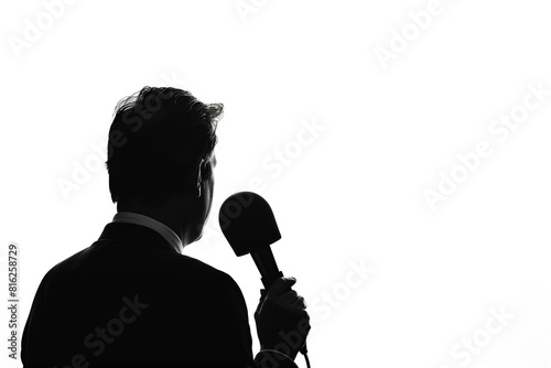 The journalist conducts a TV interview with the microphone prominently in hand, set against a white background