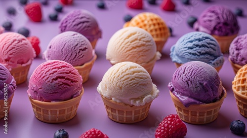 On a purple background  colorful ice cream scoops are arranged in waffle cones