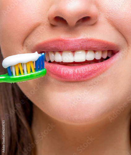 Closeup on happy woman brushing teeth. Woman brushing cleaning teeth. Girl with toothbrush. Oral hygiene. Smiling woman with healthy beautiful teeth holding a toothbrush