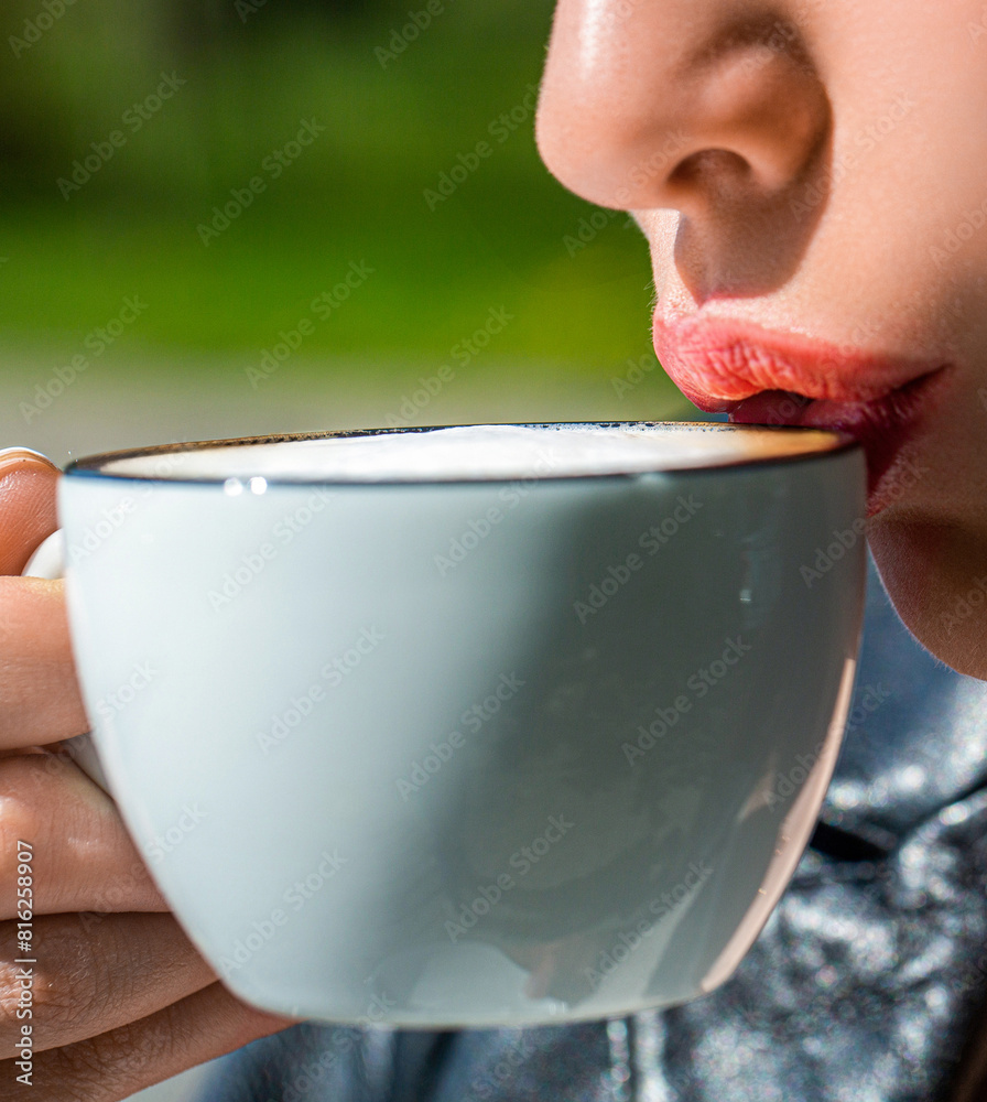 © Yevhen - Perfect morning with best coffee. Woman drink coffee from cup. Morning coffee. Relaxing at home. Girl drinking coffee. White mug hot coffee in the hands young girl. Girl relax in cafe and drink