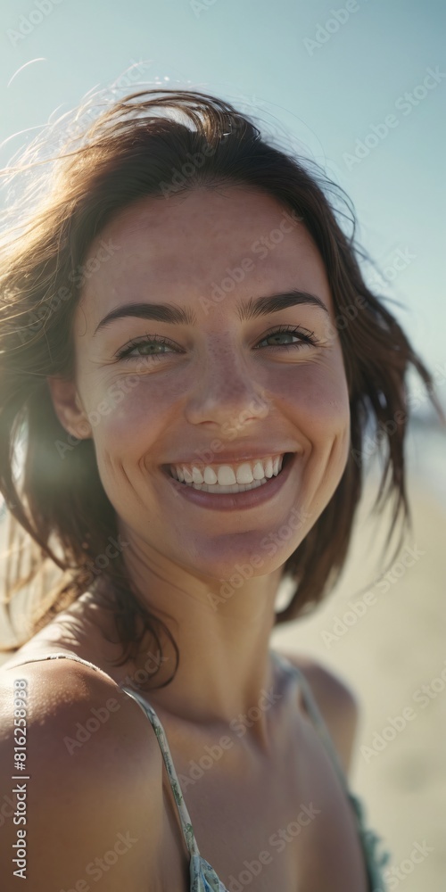 Smiling woman at the beach, lifestyle, sunny, summer and vacation concept, vertical orientation Smiling woman at the beach, lifestyle, sunny, summer and vacation concept, vertical orientation