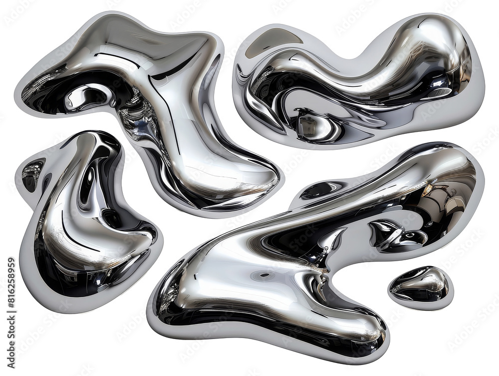 Y2K Melty chrome shapes isolated. Spilled liquid metal drops. Futuristic metallic puddles