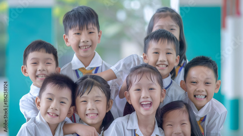Portrait group and kids with smile at school for education learning and knowledge with hug Student children or face with happiness in classroom for study scholarship or childhood devel : Generative AI