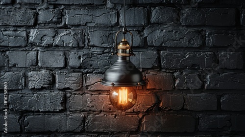 Black brick wall background with ceiling lamp with included bulb