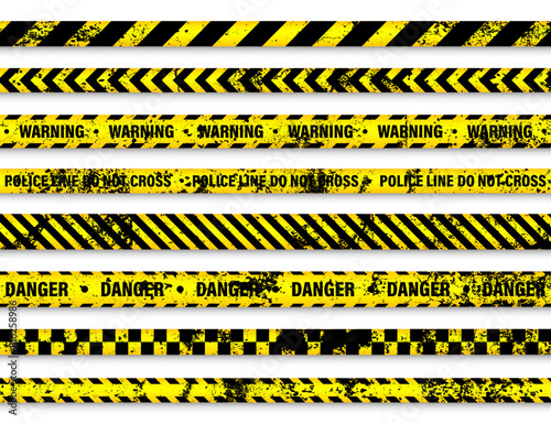 Old grunge barricade construction tape. Yellow police warning line, brightly colored danger or hazard stripe, ribbon. Restricted area, zone. Attention symbol. Vector illustration