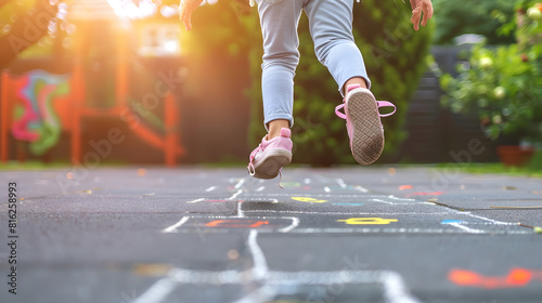 Closeup of chld girl playing jumping hopscotch outdoor Funny activity game for kids on playground outside Summer backyard street sport for children Happy childhood lifestyle Web banner : Generative AI photo