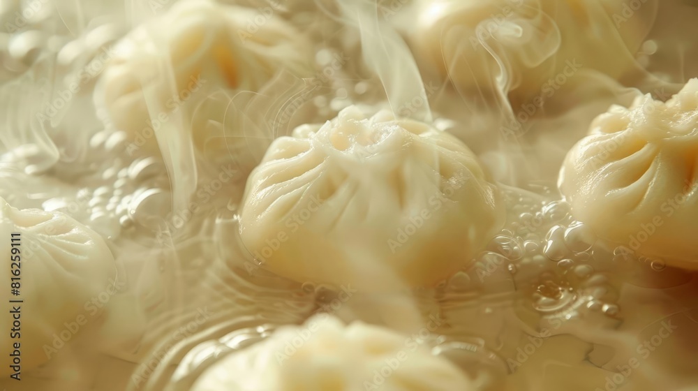 A closeup of freshly steamed Lian Rong Bao, with steam rising, revealing the smooth, glossy surface of these lotus seed paste buns, Close up