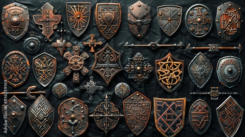 Fototapeta premium A collection of Celtic crosses and shields, each adorned with traditional geometric patterns, presented on a stark black background, Close up
