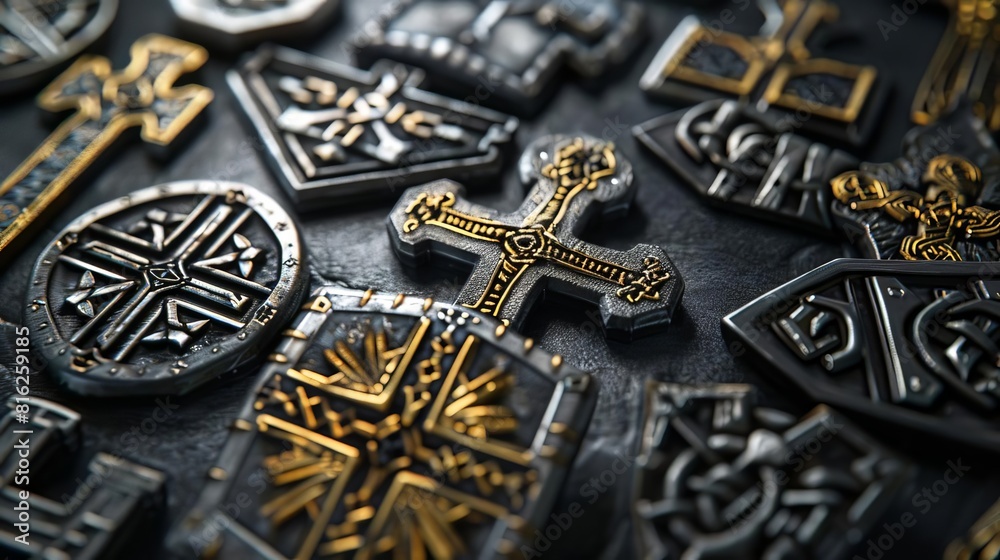 A collection of Celtic crosses and shields, each adorned with traditional geometric patterns, presented on a stark black background, Close up A collection of Celtic crosses and shields, each adorned with traditional geometric patterns, presented on a stark black background, Close up
