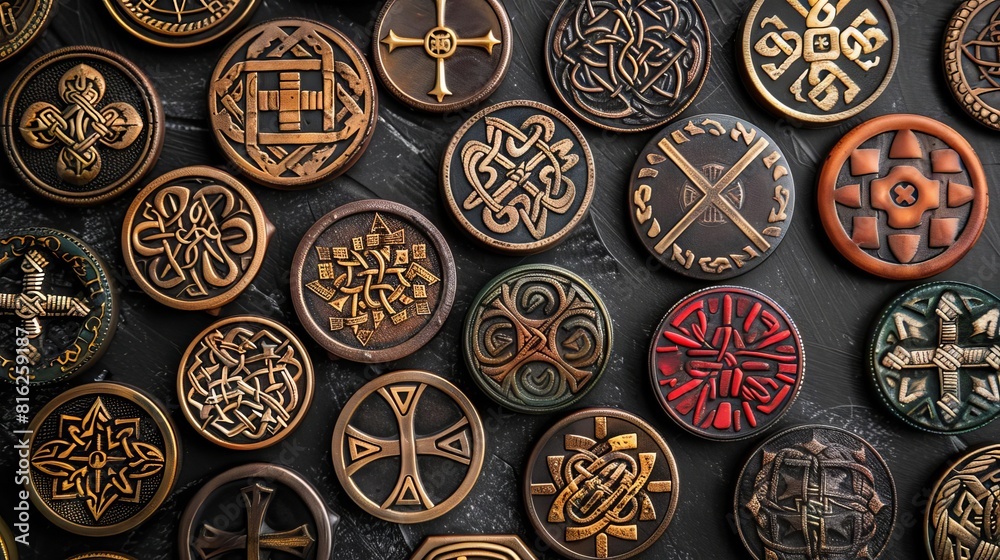 A collection of Celtic crosses and shields, each adorned with traditional geometric patterns, presented on a stark black background, Close up A collection of Celtic crosses and shields, each adorned with traditional geometric patterns, presented on a stark black background, Close up