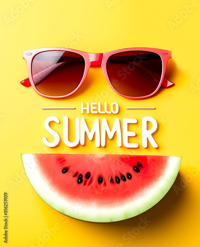 
Yellow bright summer background with watermelon and sunglasses with the inscription 