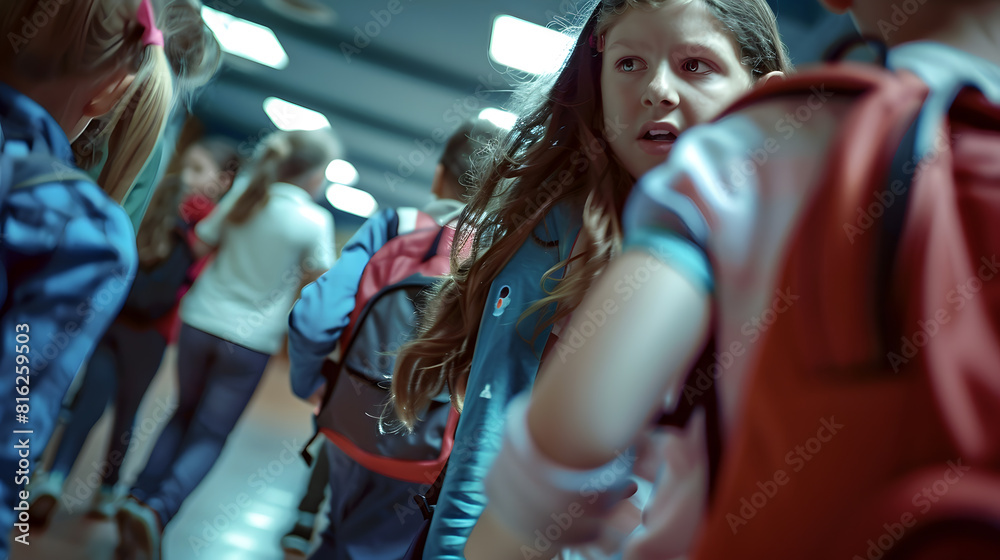 Girl kid being bullied by group of children at school corridor concept of rejection innocent and victim : Generative AI Girl kid being bullied by group of children at school corridor concept of rejection innocent and victim : Generative AI