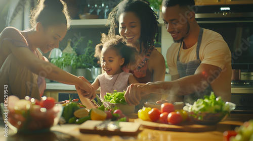 Happy young diverse parents have fun teach little biracial daughter cooking overjoyed multiracial family with small girl child preparing food making healthy salad for breakfast in kitc : Generative AI