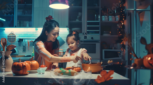 Mother and her daughter having fun at home Happy Family preparing for Halloween Mum and child cooking festive fare in the kitchen : Generative AI photo