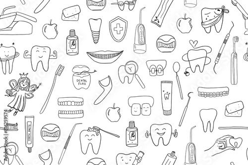 Seamless pattern of oral hygiene theme elements in doodle style. Stomatology, toothpaste, dental floss, irrigator, dental care, teeth health, toothbrush, braces. Healthcare and medicine