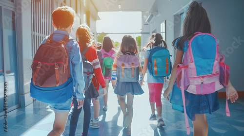 Back to school A group of schoolchildren with backpacks walk along the school corridor during recess Education and science concept : Generative AI photo