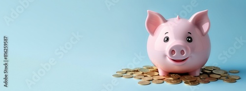 Happy pink pig piggy bank next a lot of gold coins, investment and business success concept